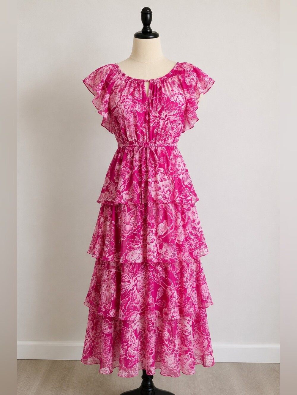 Fuschia Pink Floral Tiered Ruffle Midi Dress Size 4 NWT